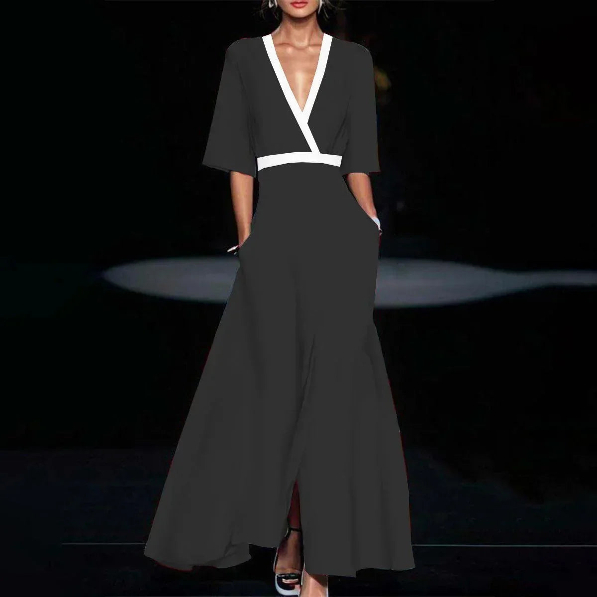 Women Fashion  Spring V Neck Belted Party Long Dress Sexy Printing A-Line Boho Dress Summer Short Sleeve Pocket Maxi Dresses